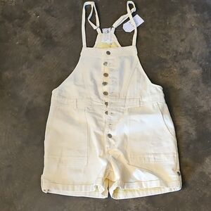 Sadie & Sage Cream Button-Front Short Overalls Romper